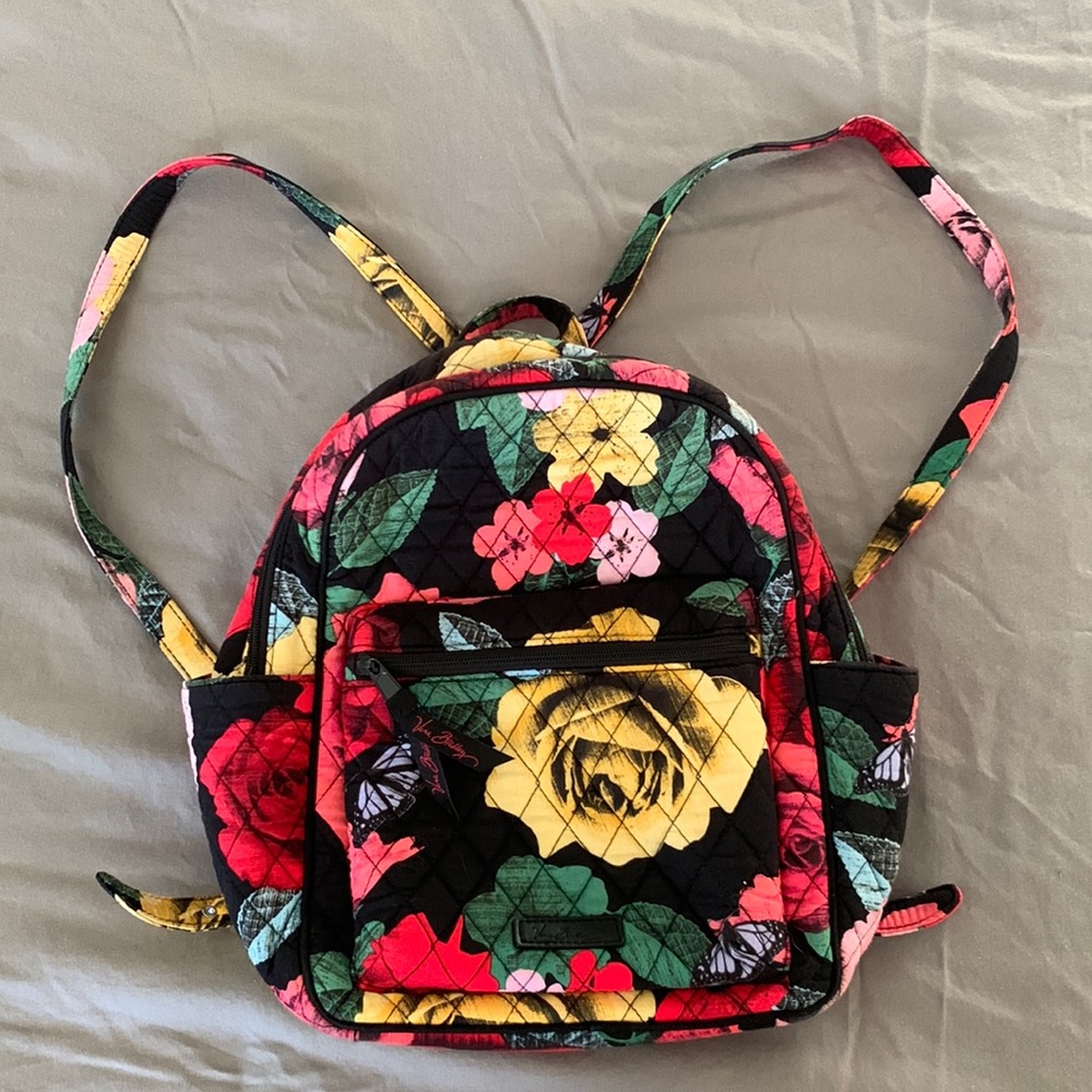 Vera Bradley backpack purse, yellow/red/pink floral and purple butterfly pattern